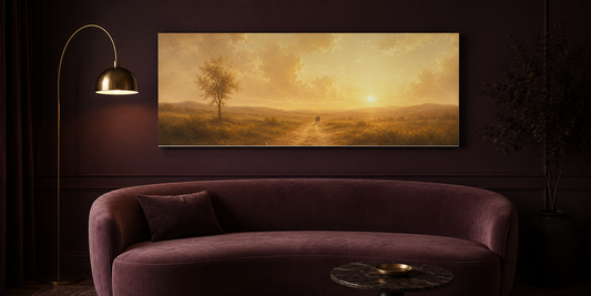 Always and Forever couple canvas above a burgundy velvet sofa in a deep plum living room