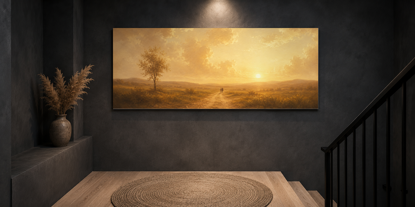 Always and Forever couple canvas on a dark slate stairwell landing