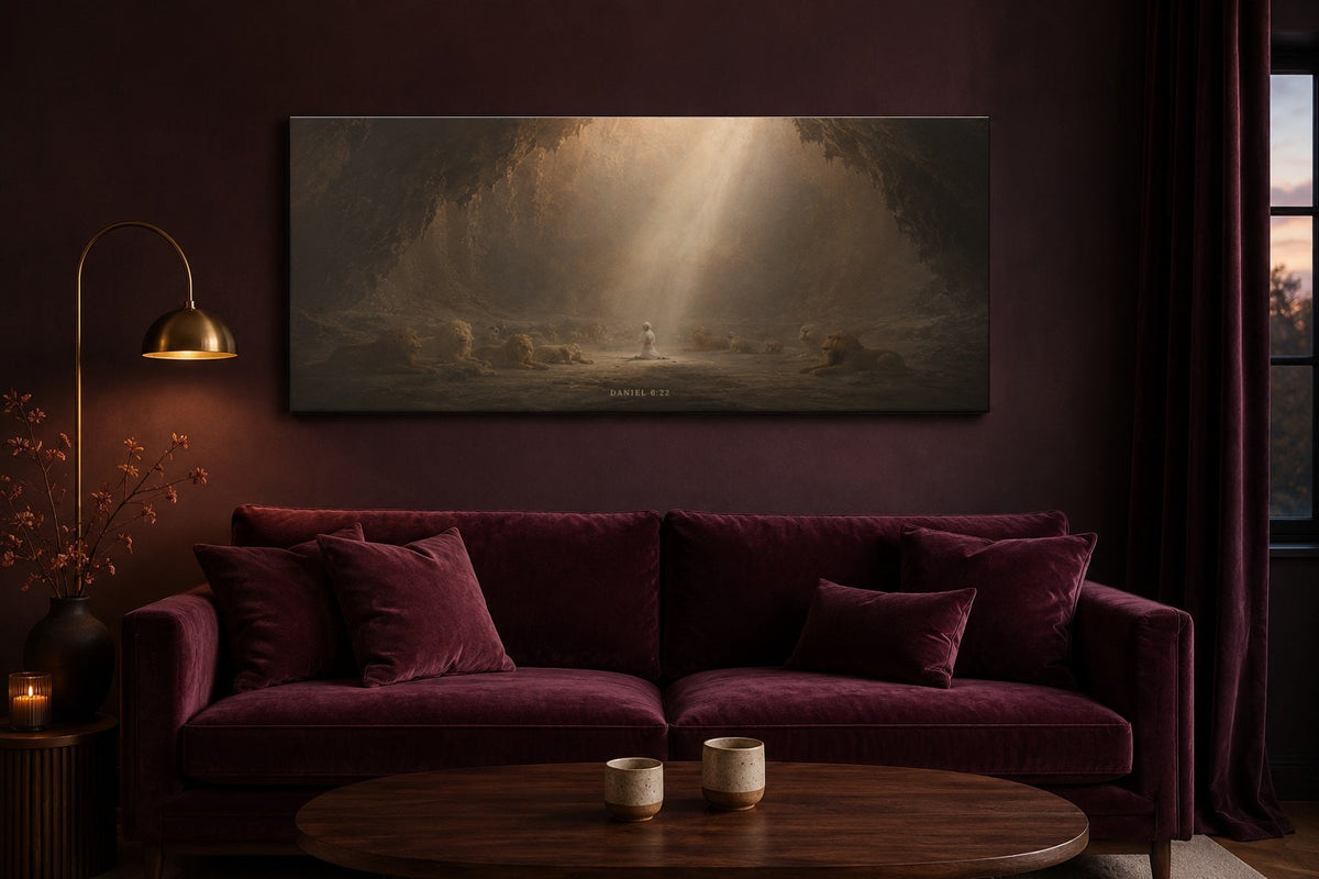 Daniel in the Lions Den canvas in a plum living room
