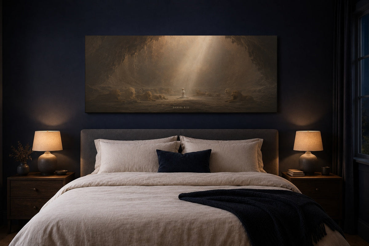 Daniel in the Lions Den canvas above a bed in a navy bedroom