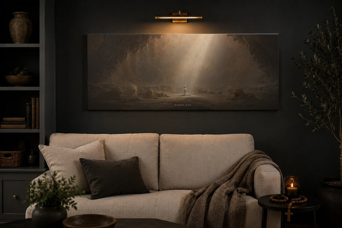 Daniel in the Lions Den canvas in a charcoal living room with picture light