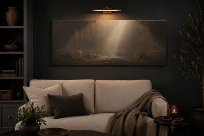 Daniel in the Lions Den canvas in a charcoal living room with picture light