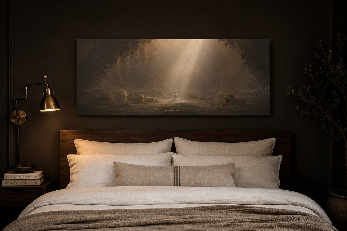 Daniel in the Lions Den canvas above an espresso bed