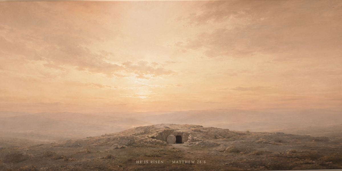 He Is Risen Empty Tomb canvas — flat artwork 2:1