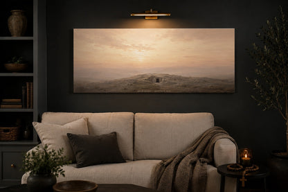 He Is Risen Empty Tomb canvas — charcoal living room
