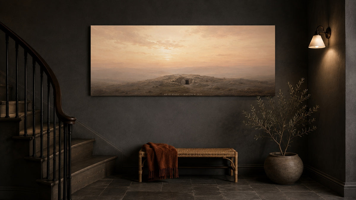 He Is Risen Empty Tomb canvas — slate stair landing