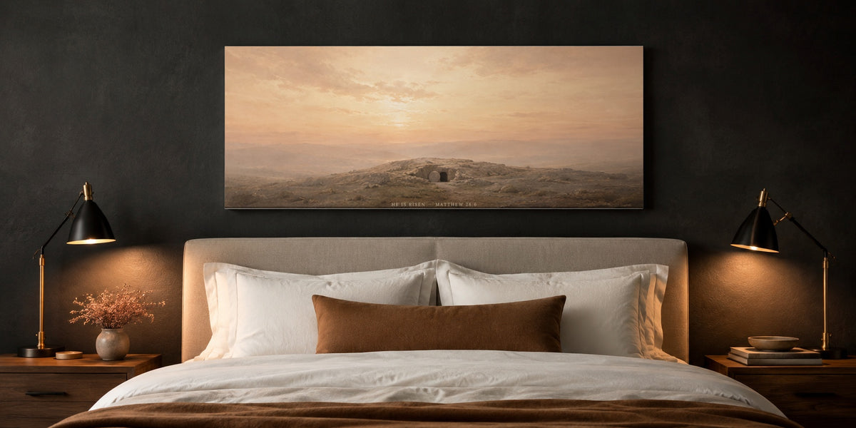 He Is Risen Empty Tomb canvas — bedroom with black lamps