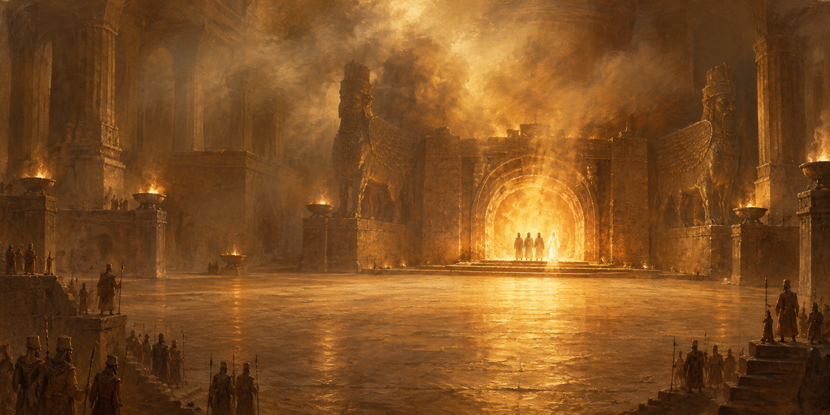 Fiery Furnace Daniel 3 artwork, full panoramic Bible scene of Shadrach Meshach and Abednego