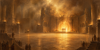 Fiery Furnace Daniel 3 artwork, full panoramic Bible scene of Shadrach Meshach and Abednego