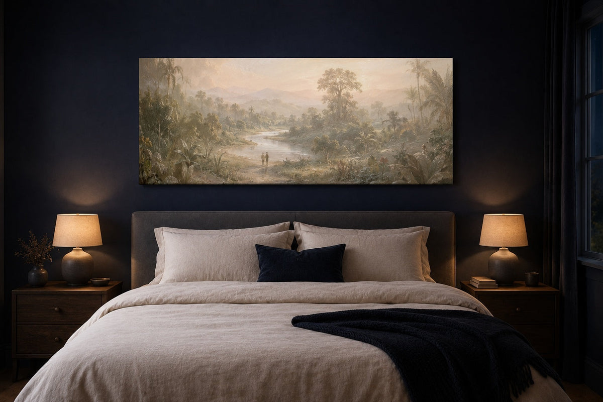 Garden of Eden canvas — navy bedroom