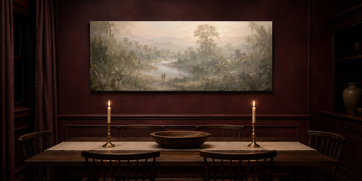 Garden of Eden canvas — oxblood dining room