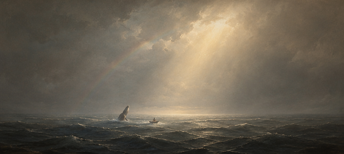 Jonah and the Whale flat artwork - stormy sea, breaching whale, small boat and shaft of light