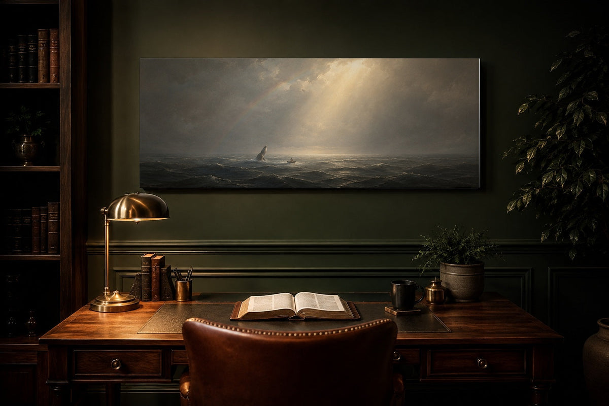 Jonah and the Whale canvas staged in a deep forest-green study with walnut desk, brass lamp and open Bible