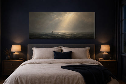 Jonah and the Whale canvas hung above the bed in a dark navy bedroom
