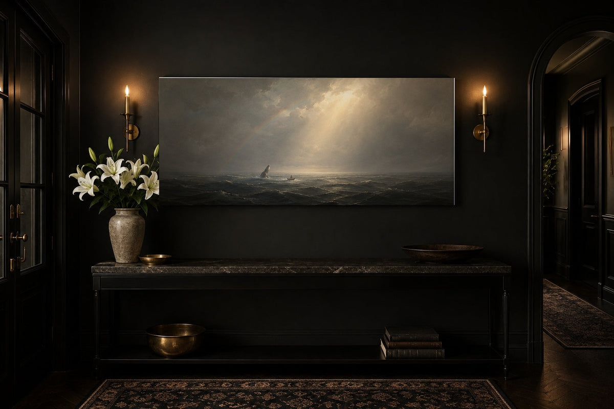 Jonah and the Whale canvas in a black entryway with brass sconces and white lilies