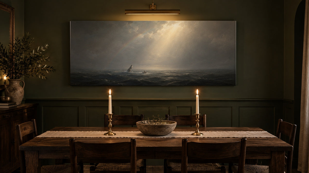 Jonah and the Whale canvas in a dark olive dining room with taper candles