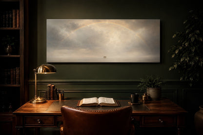 Noah's Ark Rainbow Promise canvas in a forest-green study with walnut desk, brass lamp and open Bible