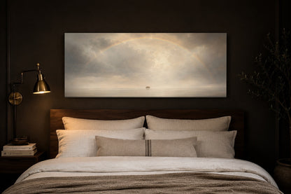 Noah's Ark Rainbow Promise canvas above a bed in a dark espresso bedroom