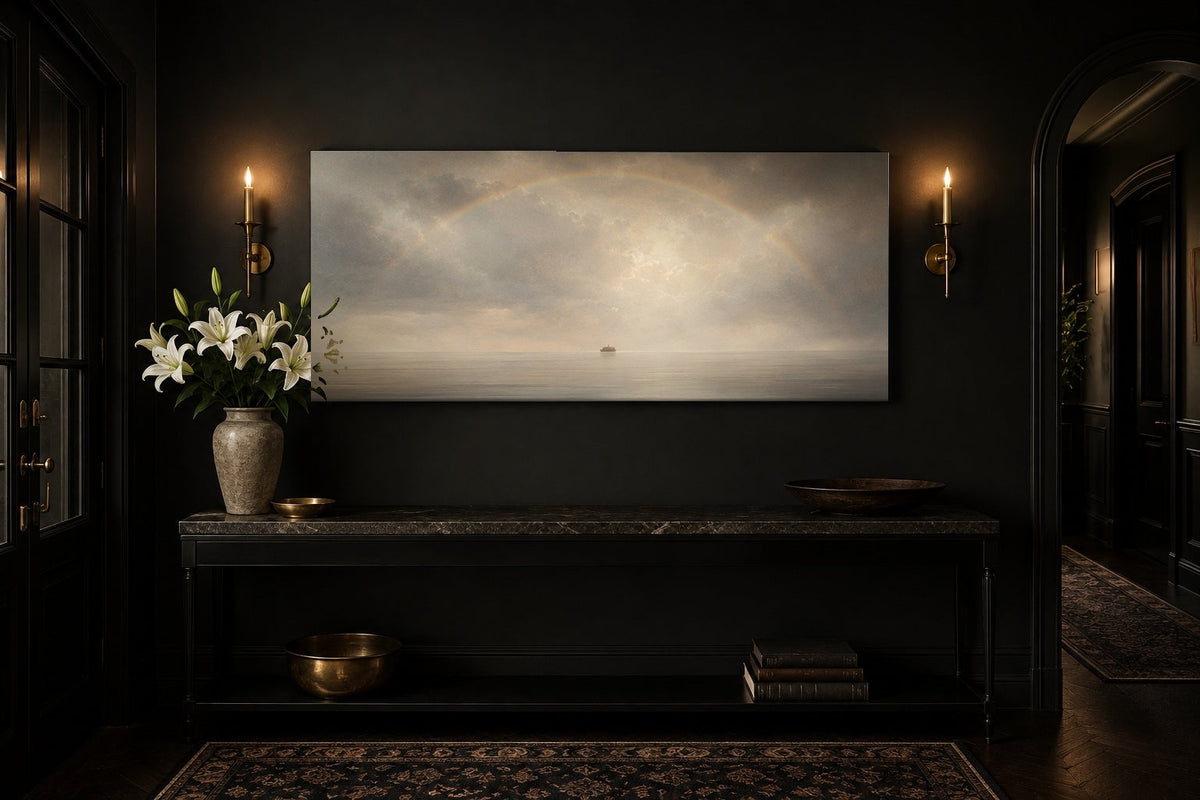Noah's Ark Rainbow Promise canvas in a black entryway with brass sconces and lilies