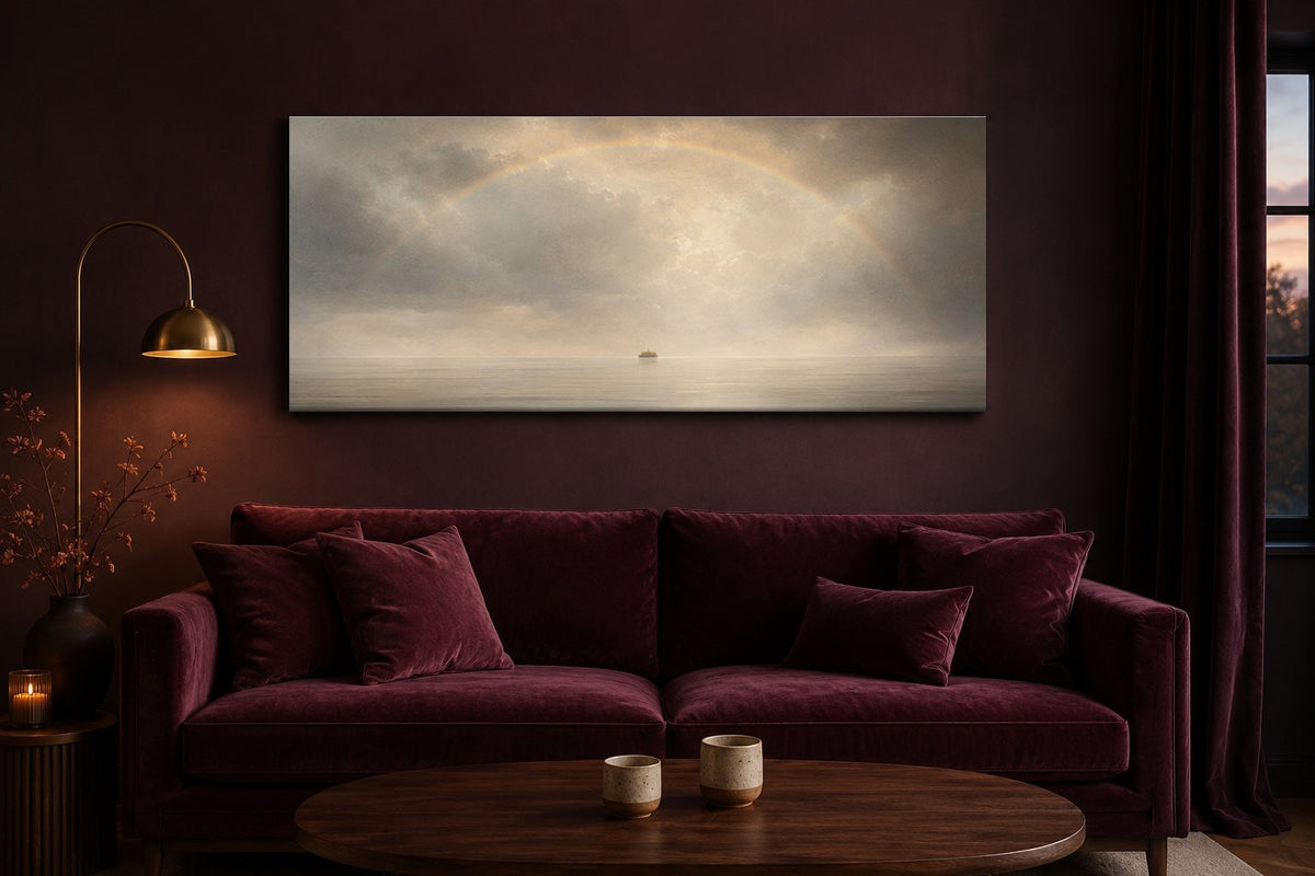 Noah's Ark Rainbow Promise canvas above a plum velvet sofa