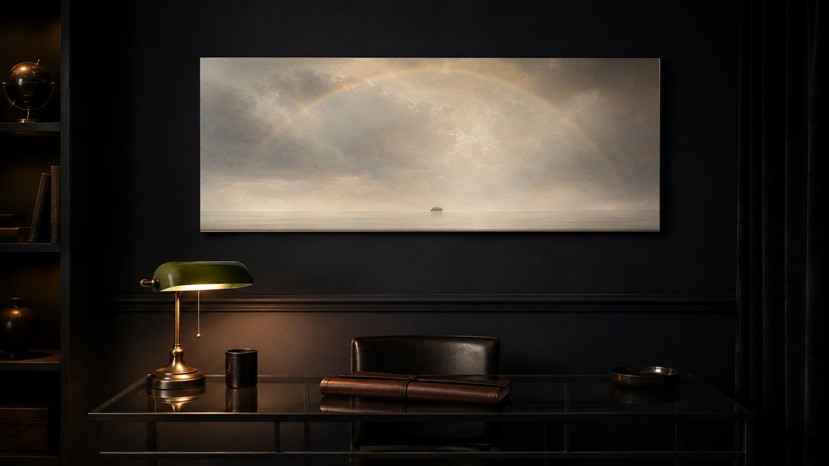 Noah's Ark Rainbow Promise canvas in a dark study with banker's lamp