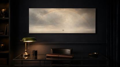Noah's Ark Rainbow Promise canvas in a dark study with banker's lamp