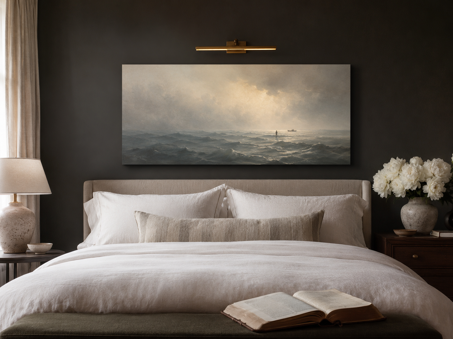 Jesus Walking on Water Modern Neutral Fine Art Christian Canvas Above Bed