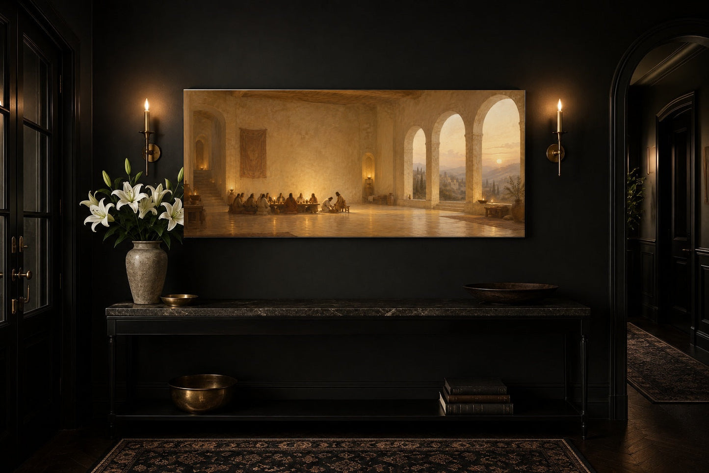 Jesus washing the disciples feet canvas in a dark entryway above a console