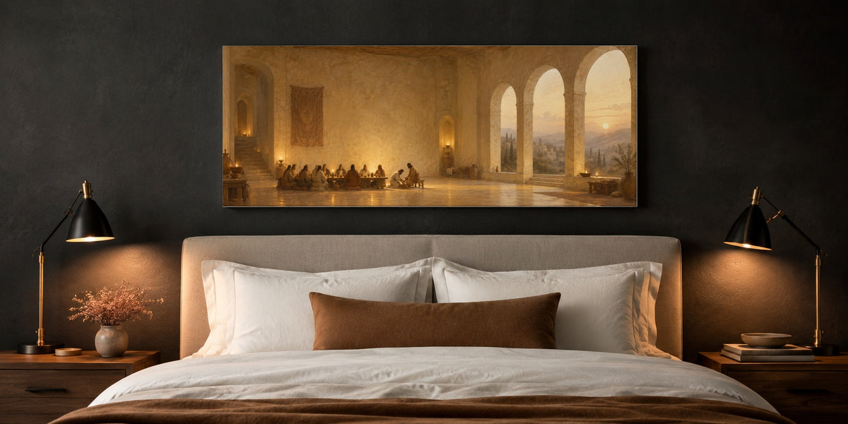 John 13 canvas above a bed in a charcoal bedroom