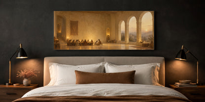 John 13 canvas above a bed in a charcoal bedroom
