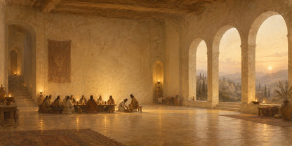 Flat art: John 13 upper room, tiny figures, warm neutral panoramic Bible story painting