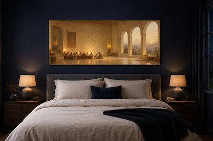John 13 canvas above a bed in a deep navy bedroom