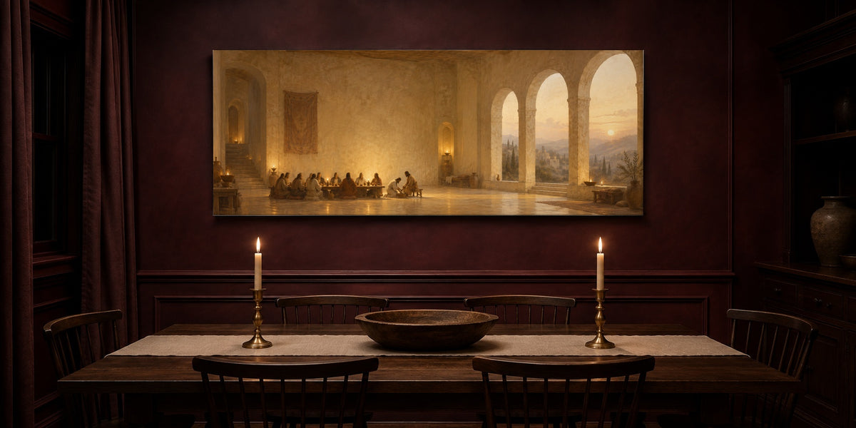 John 13 canvas in an oxblood dining room with taper candles