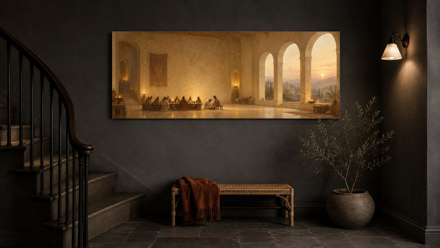 John 13 canvas in a dark slate stairwell above a bench