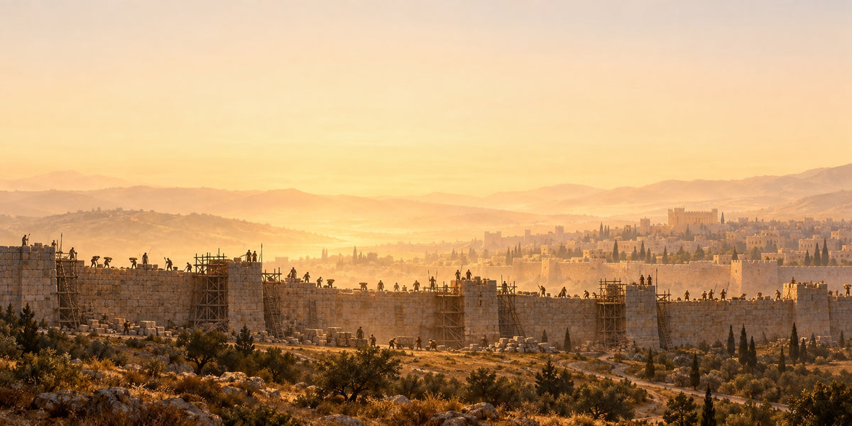 Nehemiah rebuilding the walls of Jerusalem – warm sepia panoramic Bible story canvas art