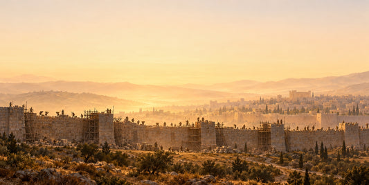 Nehemiah rebuilding the walls of Jerusalem – warm sepia panoramic Bible story canvas art