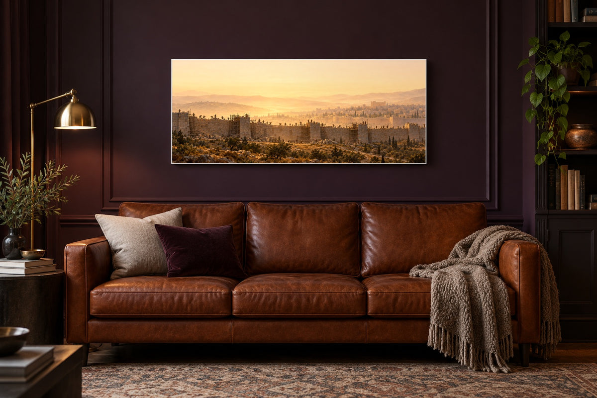 Nehemiah walls of Jerusalem canvas above a cognac leather sofa in an aubergine study