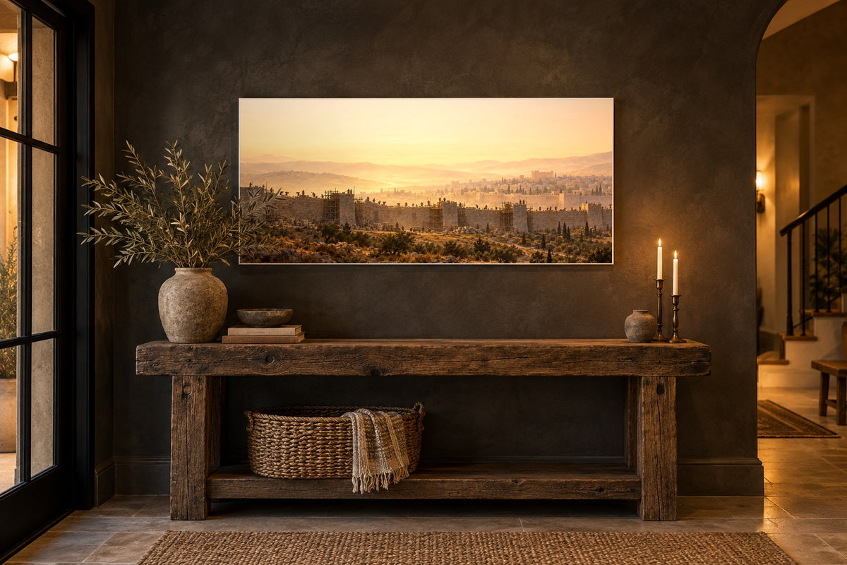 Nehemiah canvas above a rustic console in a charcoal plaster entryway