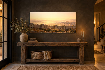 Nehemiah canvas above a rustic console in a charcoal plaster entryway