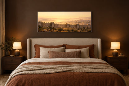 Nehemiah Bible story canvas above a linen headboard in a chocolate brown bedroom