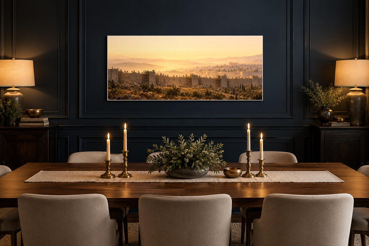 Nehemiah rebuilding the wall canvas above a walnut dining table in a navy panelled dining room