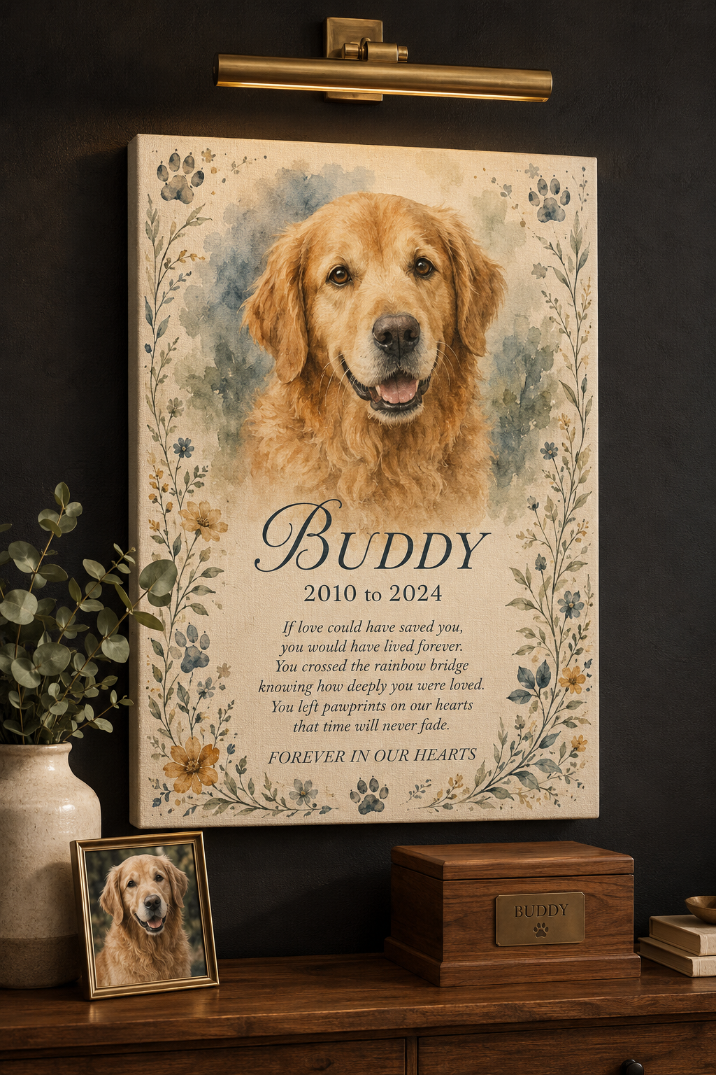 Custom watercolor pet portrait canvas hand-painted style from photo personalized dog cat memorial wall art loving memory