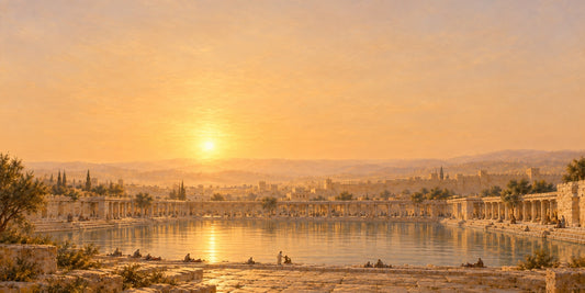 Pool of Bethesda canvas, John 5 - warm sepia panoramic Bible story art of Jesus healing the man at the pool in Jerusalem at sunrise
