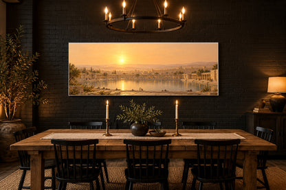 John 5 Pool of Bethesda canvas above a farmhouse dining table on a black brick wall
