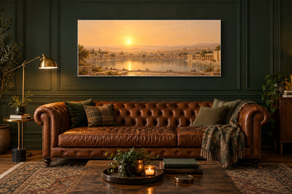 Pool of Bethesda panoramic canvas above a leather chesterfield sofa on a forest green panelled wall