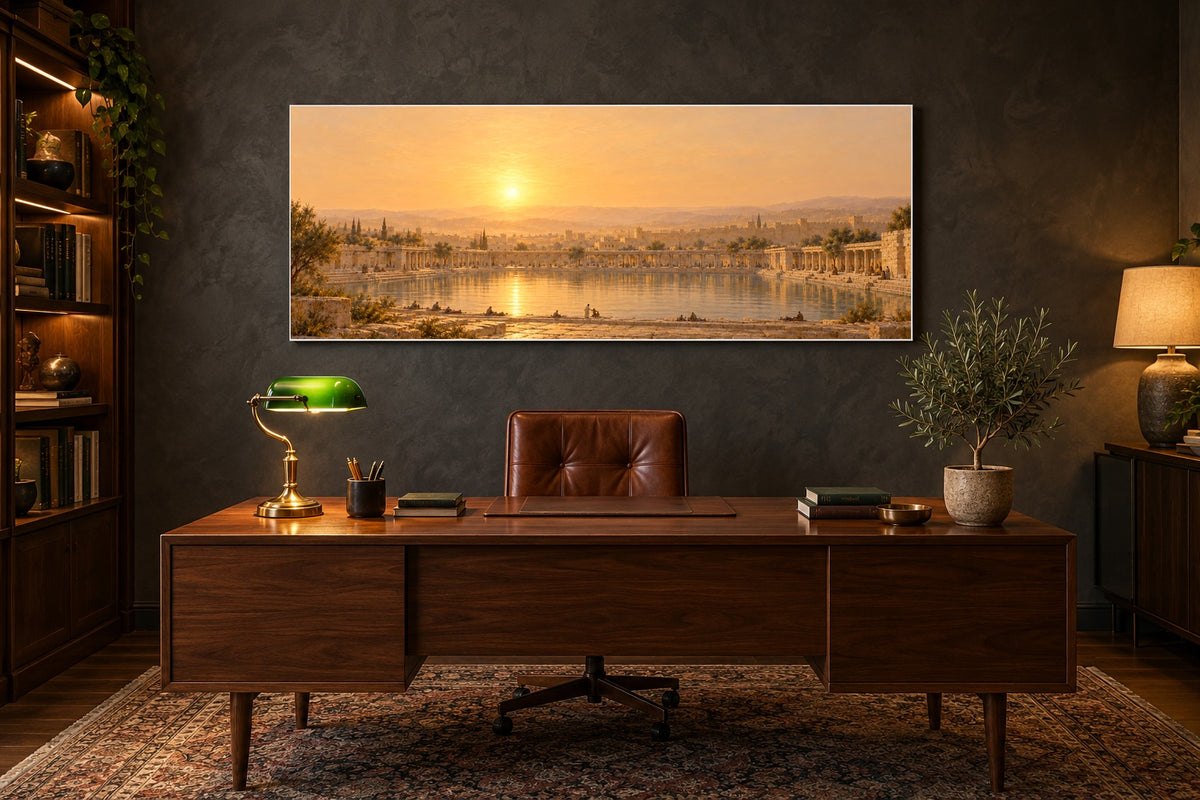 Pool of Bethesda Bible story canvas above a walnut desk in a slate grey study