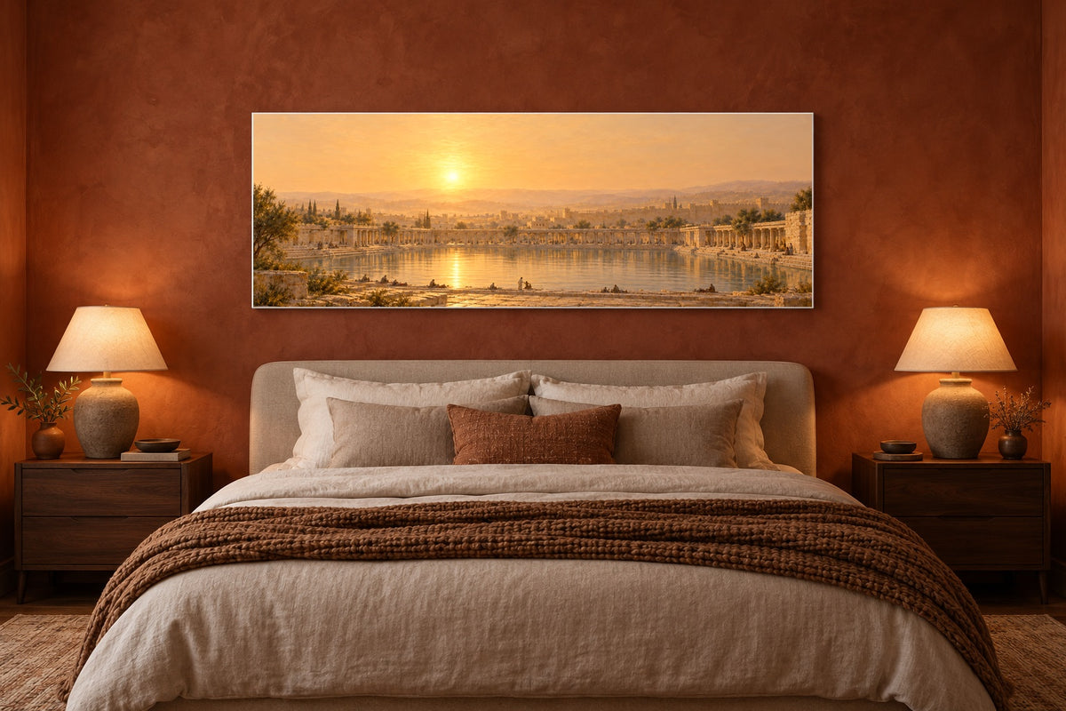 Pool of Bethesda Christian canvas above a linen bed in a terracotta plaster bedroom
