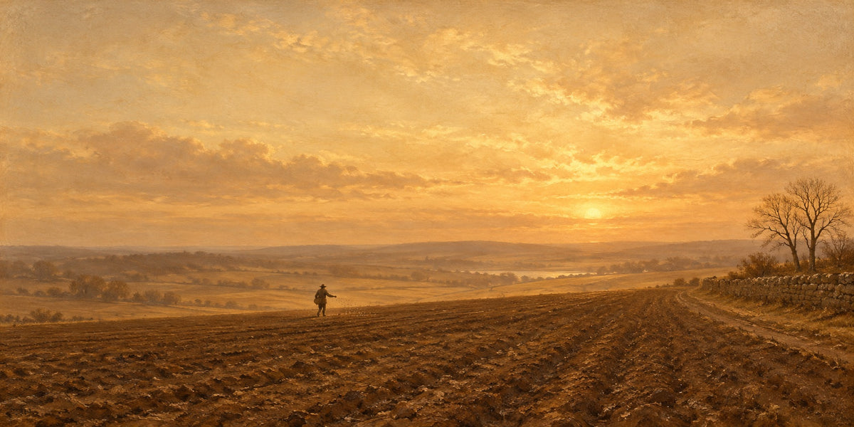 Parable of the Sower panoramic canvas art, warm sepia field at golden hour with a lone sower casting seed