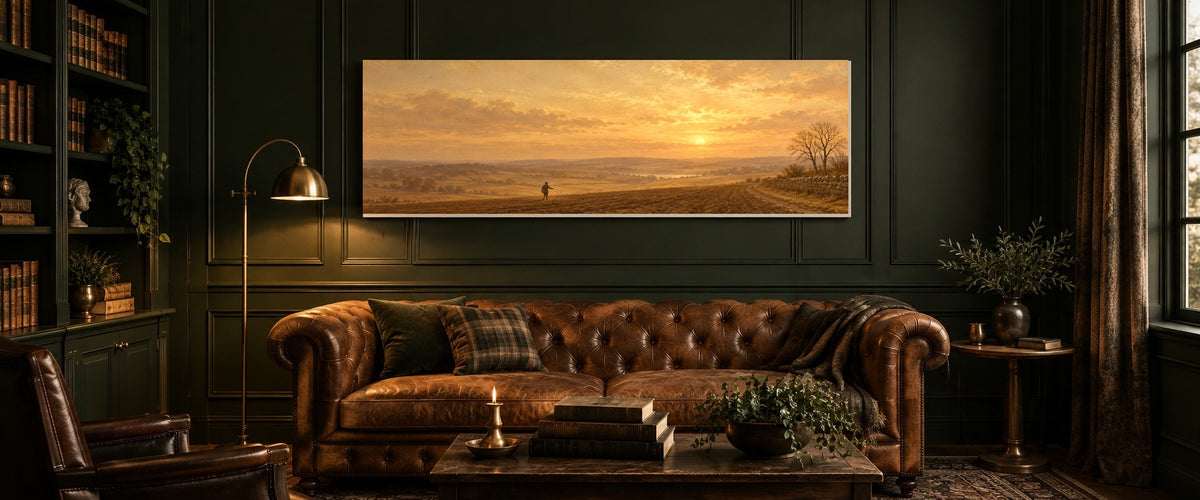 Parable of the Sower panoramic canvas above a leather chesterfield in a forest green panelled study