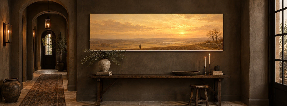 Parable of the Sower canvas above a console table in a warm limewash hallway